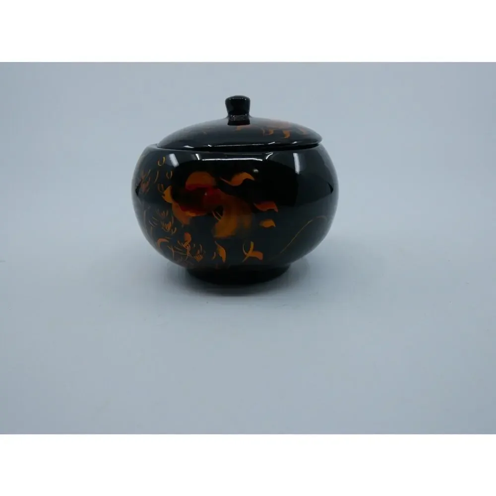 Round Lidded Lacquer Trinket Box Fancy Goldfish Hand Painted Designs Black Gloss